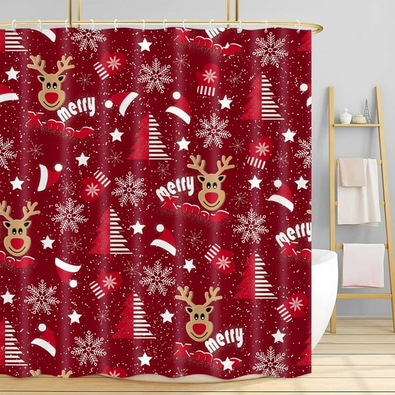 Funny Red Christmas Shower Curtain, Kids Cute Snowflakes Xmas Trees Reindeer Hat and glove printing Holiday Shower Curtains, Fabric Bathtub Bathroom Accessories Curtain Set with Hooks, 72x72IN