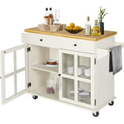 LAZZO Kitchen Island on Wheels Rolling, Home Kitchen Cart with Pine Countertop, Large Storage Trolley Cart with Cabinet, Drawer, Spice Rack, Towel Rack&Handle,Store Dining Utensils&Tableware