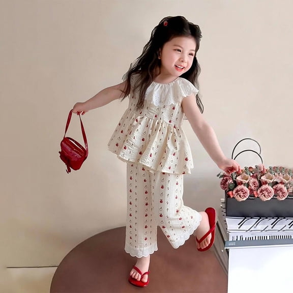 Amidoa Girls Summer 2 Piece Outfits Cotton Cute Sleeveless Tops Tops and Casual Pants Kids Clothing Set Red Size 5T Red Size 5T
