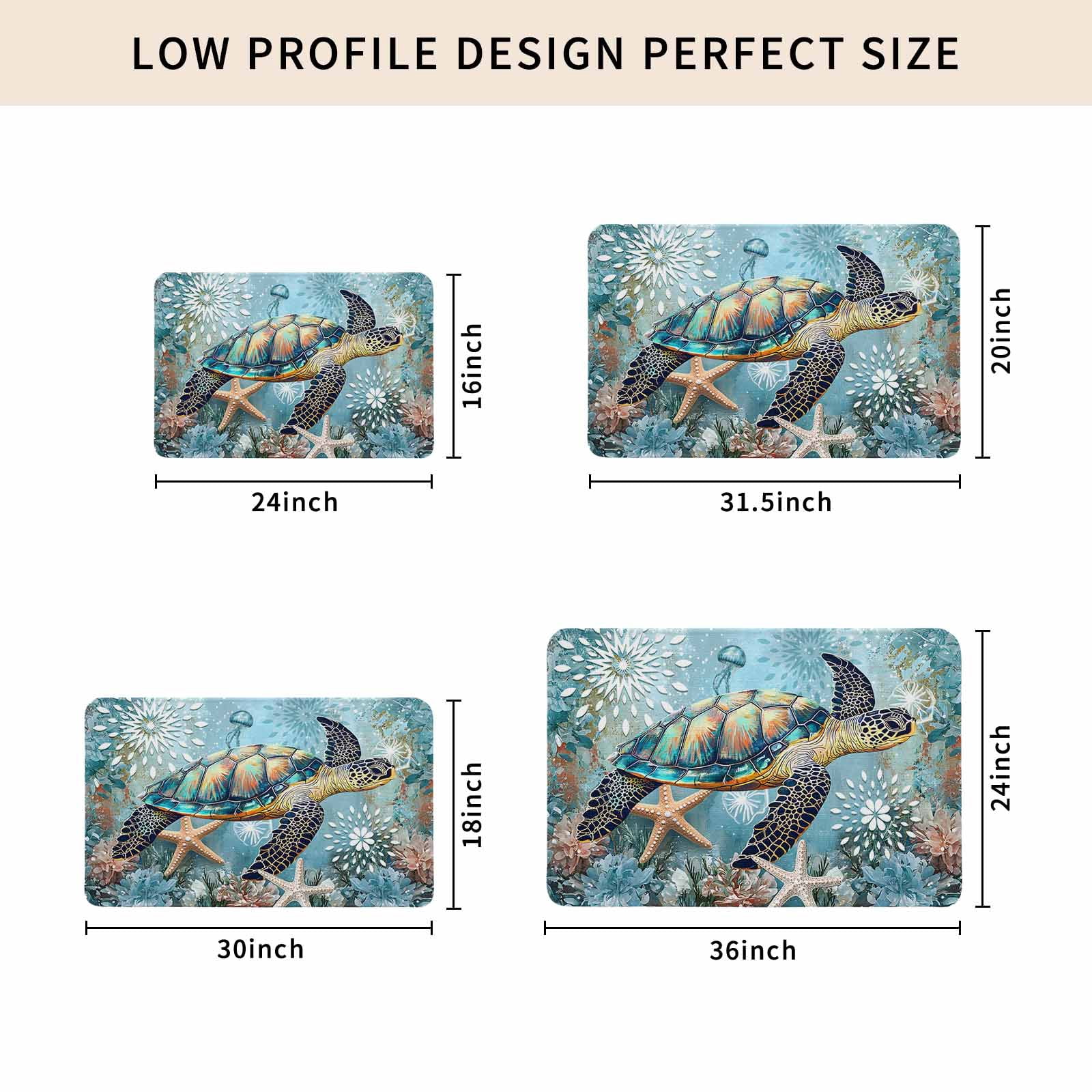 Coastal Sea Turtle Doormat Outdoor Entrance 16"x24", Vintage Teal Nautical Beach Botanical Absorb Moisture Dirt Door Mats, Non-Slip Rubber Backing Floor Mats Indoor, Low-Profile Front Door Rugs