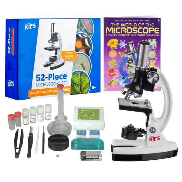 AmScope 120X-1200X 52-pcs Kids Beginner Microscope Kit with Slides, LED  Light, Storage Box and Book 