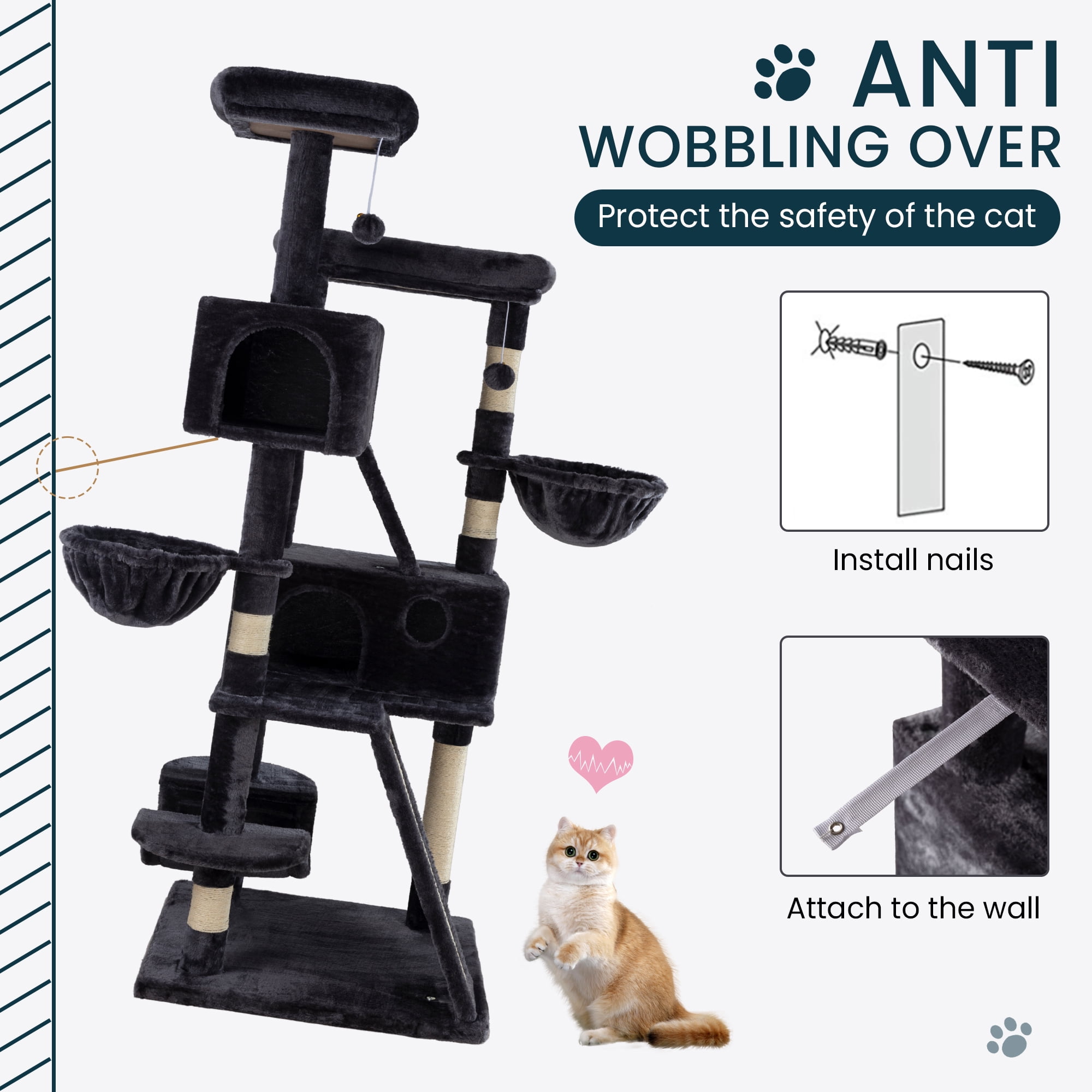 Merrland 65.7 " Large Cat Tree Tower Condo for Cats with 2 Scratching Ramps, Hammock & Scratching Posts, Dark Blue