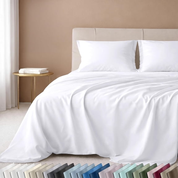 Queen Sheet Set 600 Thread Count Sateen 100% Cotton Deep Pocket with All Around Elastic Bright White