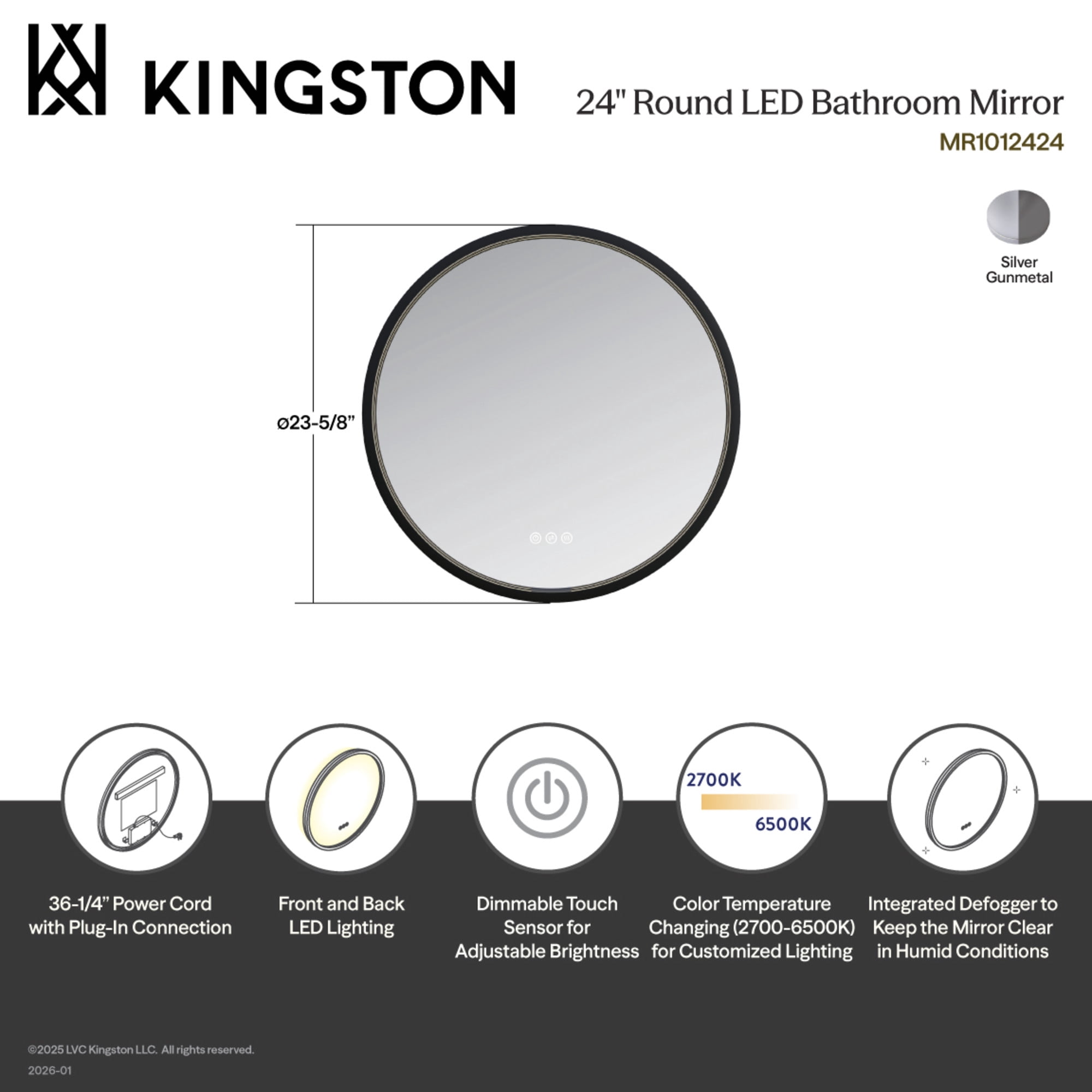 Kingston Brass MR1012424 Aurora 24-Inch Round LED Bathroom Mirror, Front and Back Light, Dimmable Touch Sensor Lighted Mirror in Silver/Gunmetal