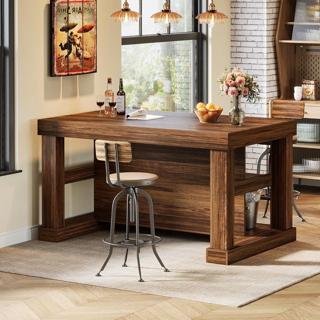 Bar Table w/Storage Shelves, 55.1" Counter Height Dining Table, Wood Pub Table for Kitchen/Living Room, Modern Home Bar Unit
