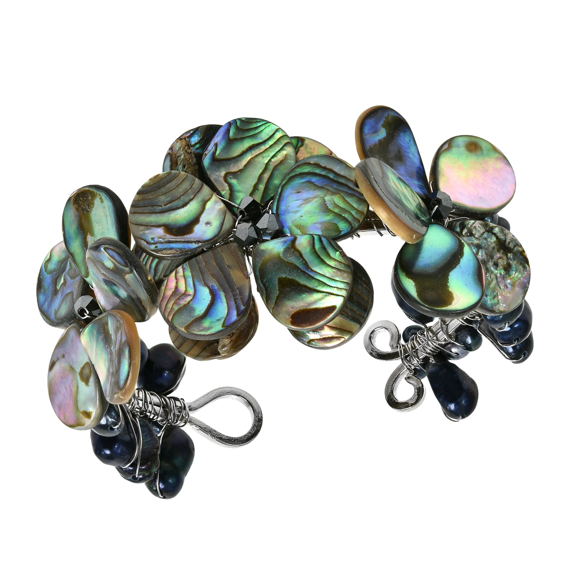 Abalone ShellCultured Freshwater Pearls Cluster Flower CuffBracelet