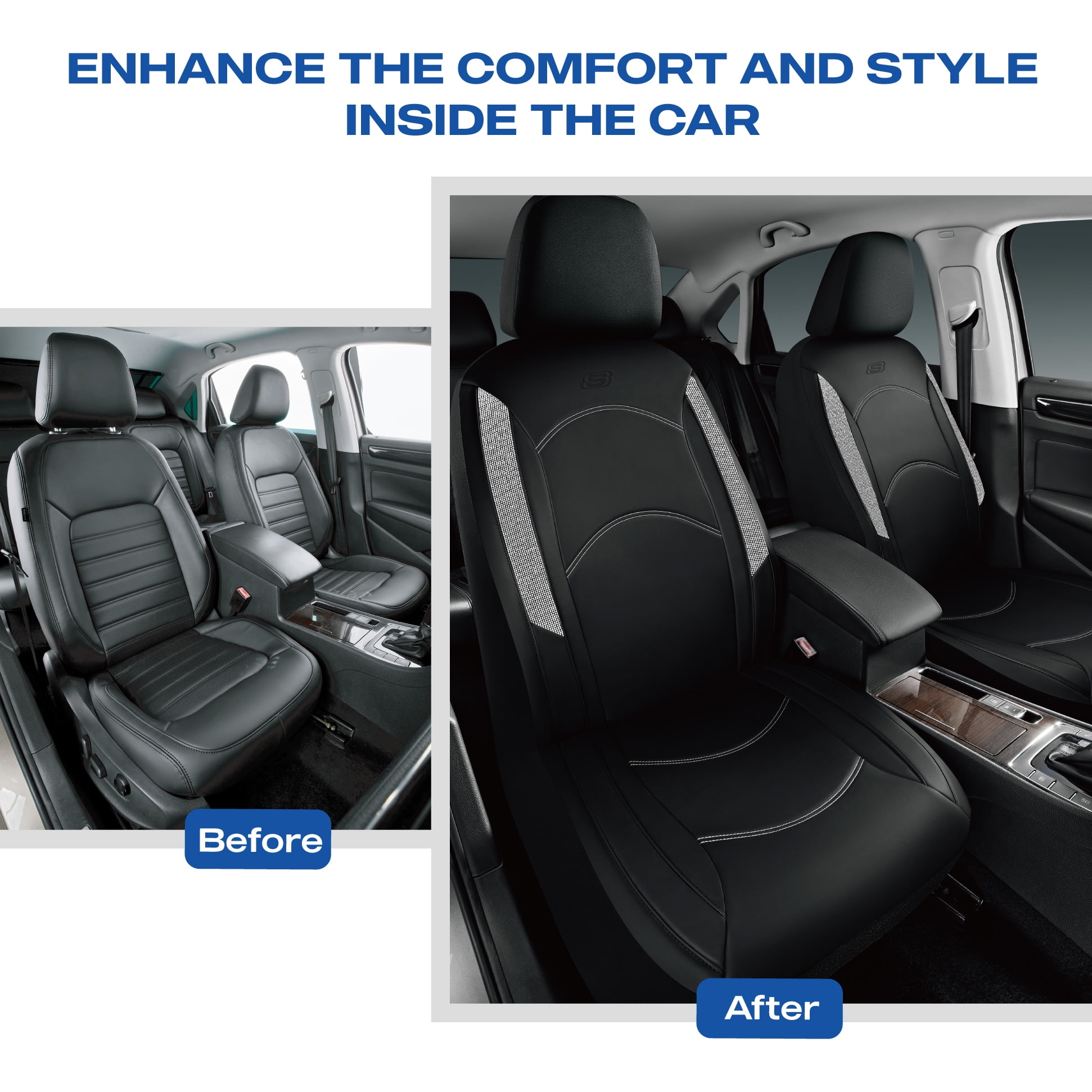 Skechers Leather Front Car Seat Cover – Stylish Diamond Design, Universal Fit - Sliver