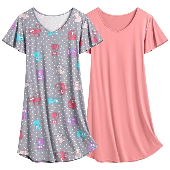 Ekouaer 2 Pack Nightgowns for Women Flare Short Sleeve Sleepshirt V Neck Sleepwear Pajama Dress
