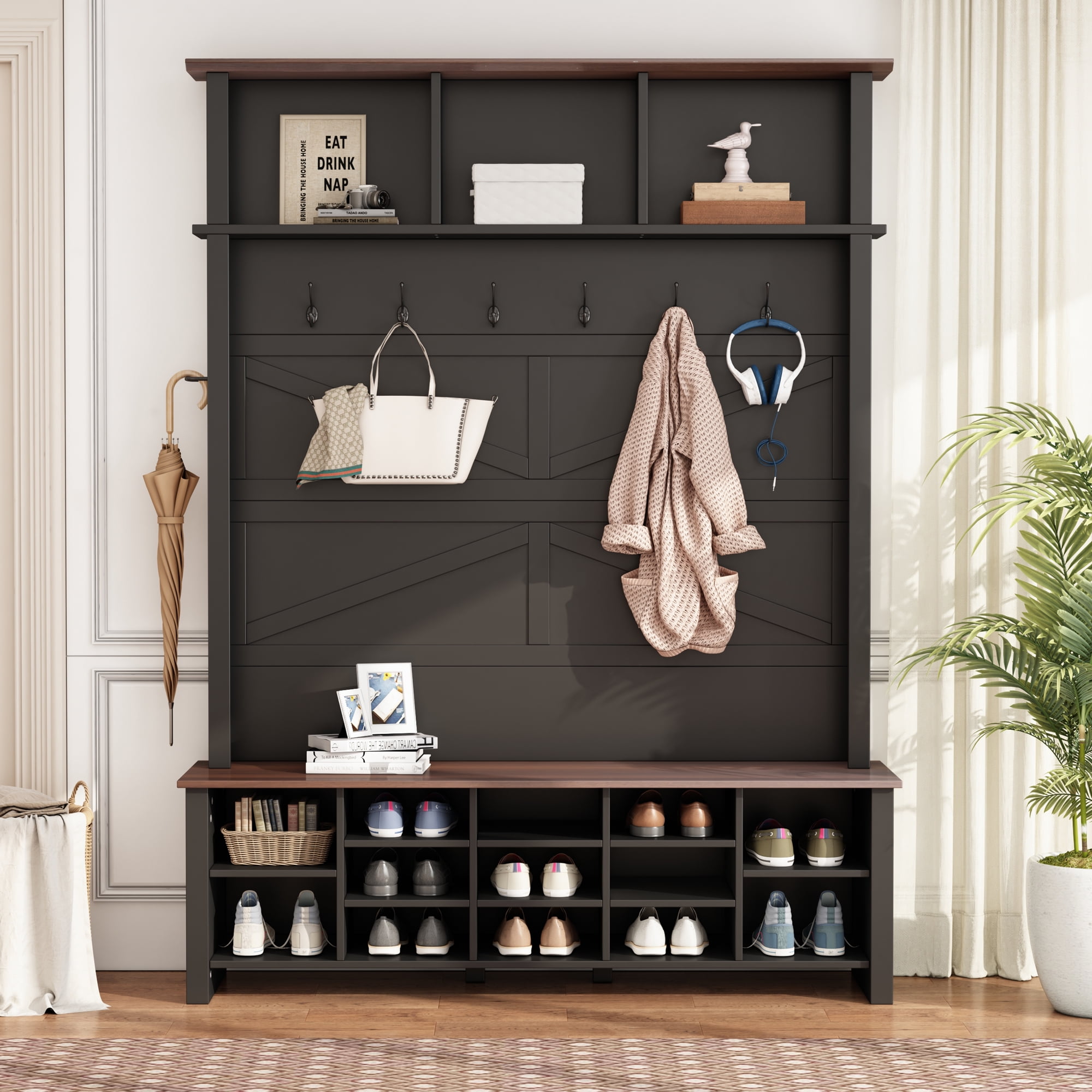 Euroco Farmhouse Hall Tree with 6 Hooks,Adjustable Shelves and 16 Open Compartments