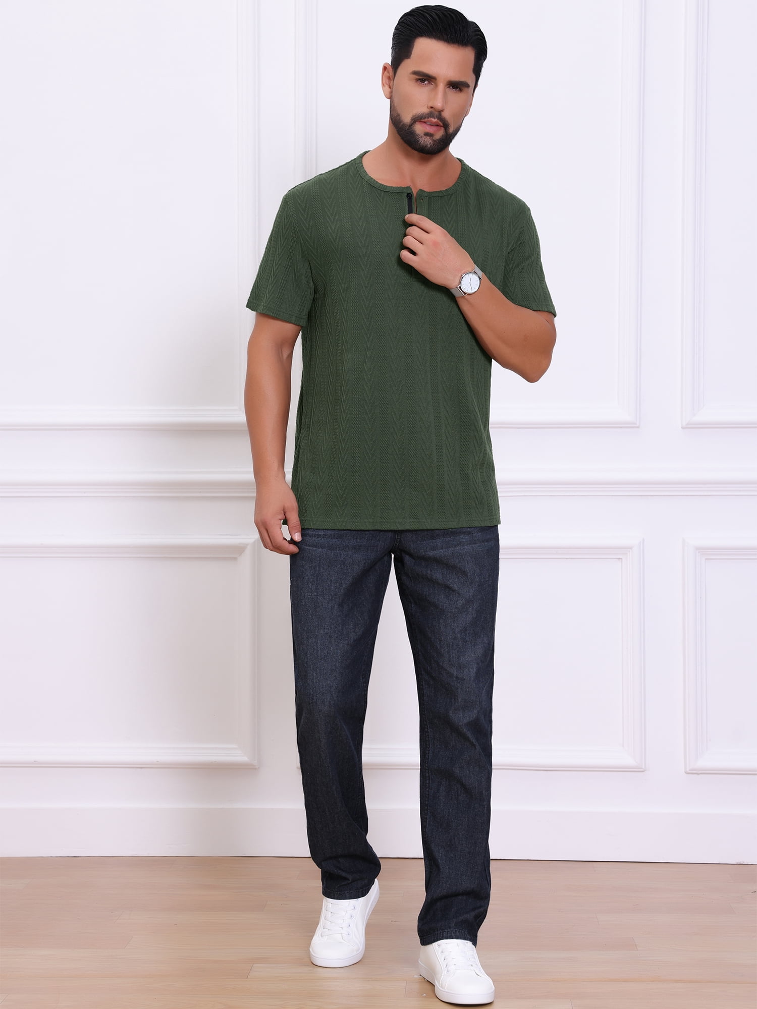 DARING DIVA Men's Henley Short Sleeve Button Down Jacquard Knitted T-Shirt M Green