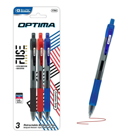 BAZIC Optima Assorted Color Oil Gel Ink Retractable Pen, 0.7 mm, (3/Pack), 1-Pack