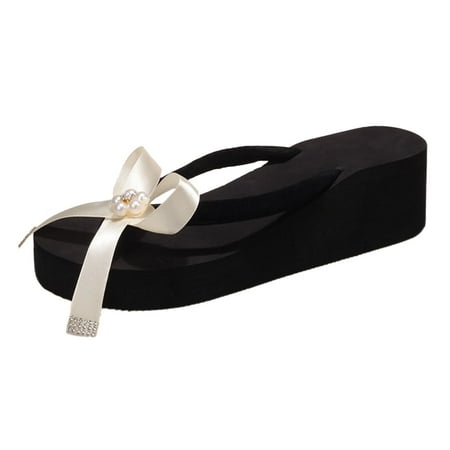 

Mackneog Summer Women Slippers Thick Soles Wedge Heels Flip Flops Ribbon Pearl Bow Solid Beach Casual Style Women s slipper Beige 42 Gift on Clearance