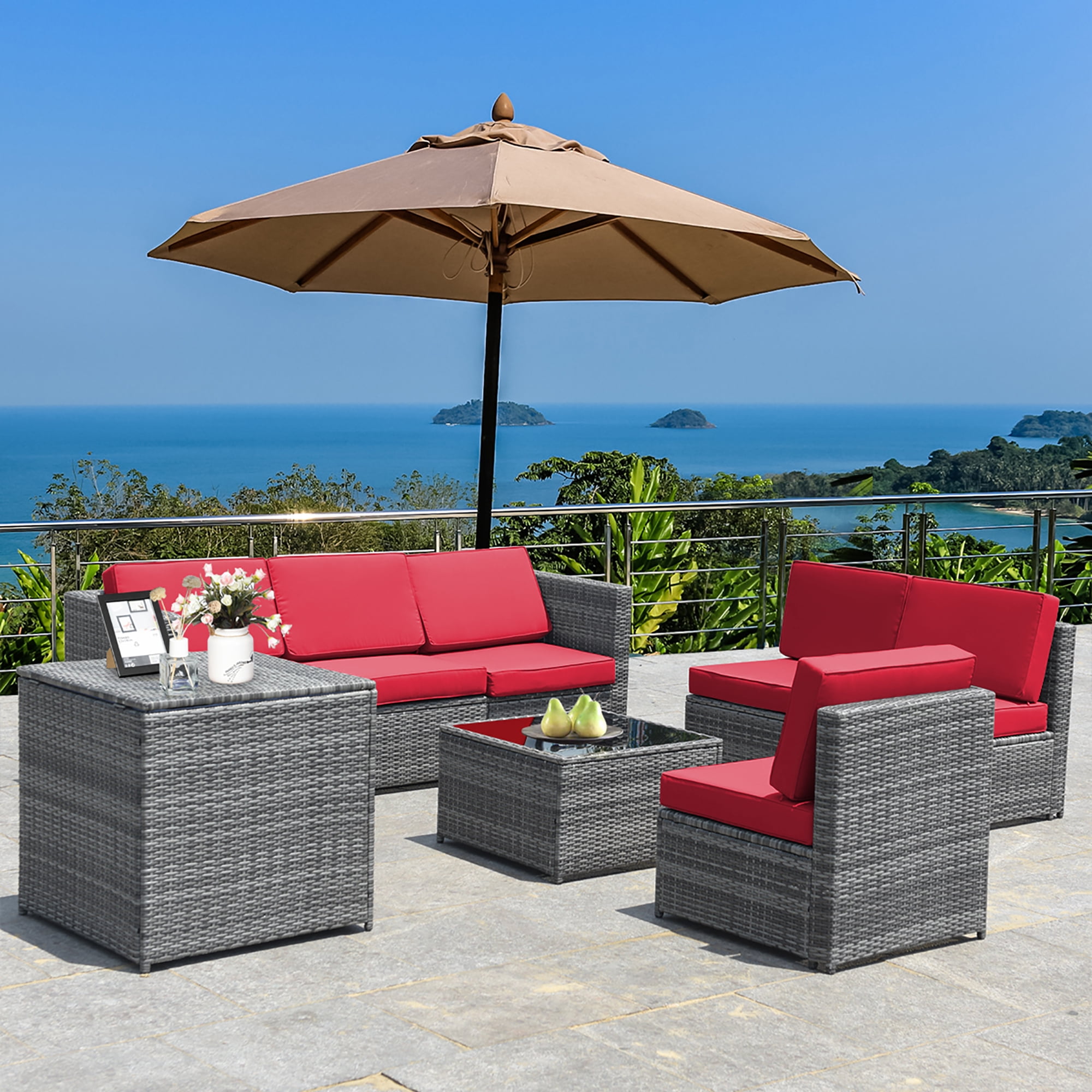 Costway 8 PCS Wicker Sofa Rattan Furniture Set Patio Furniture w/ Storage Table Red