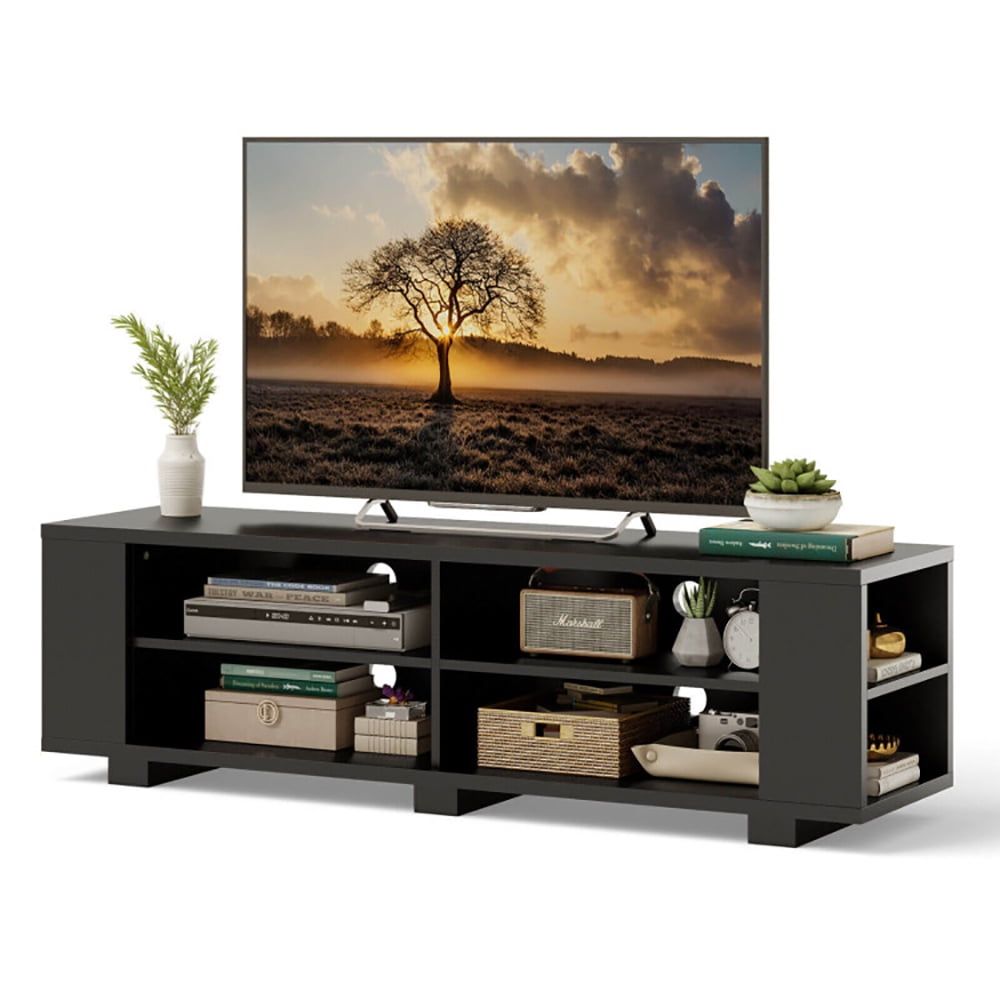 Finihen TV Stand, TV Cabinet, 59 Inch Console Storage Entertainment Media Wood TV Stand, Media Entertainment Center with Storage, for Living Room, Bedroom, Black