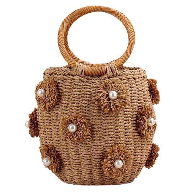 Bolso tipo cubo de paja para mujer con perlas, bolso de muñeca con cordón, bolso de playa de verano, Camel