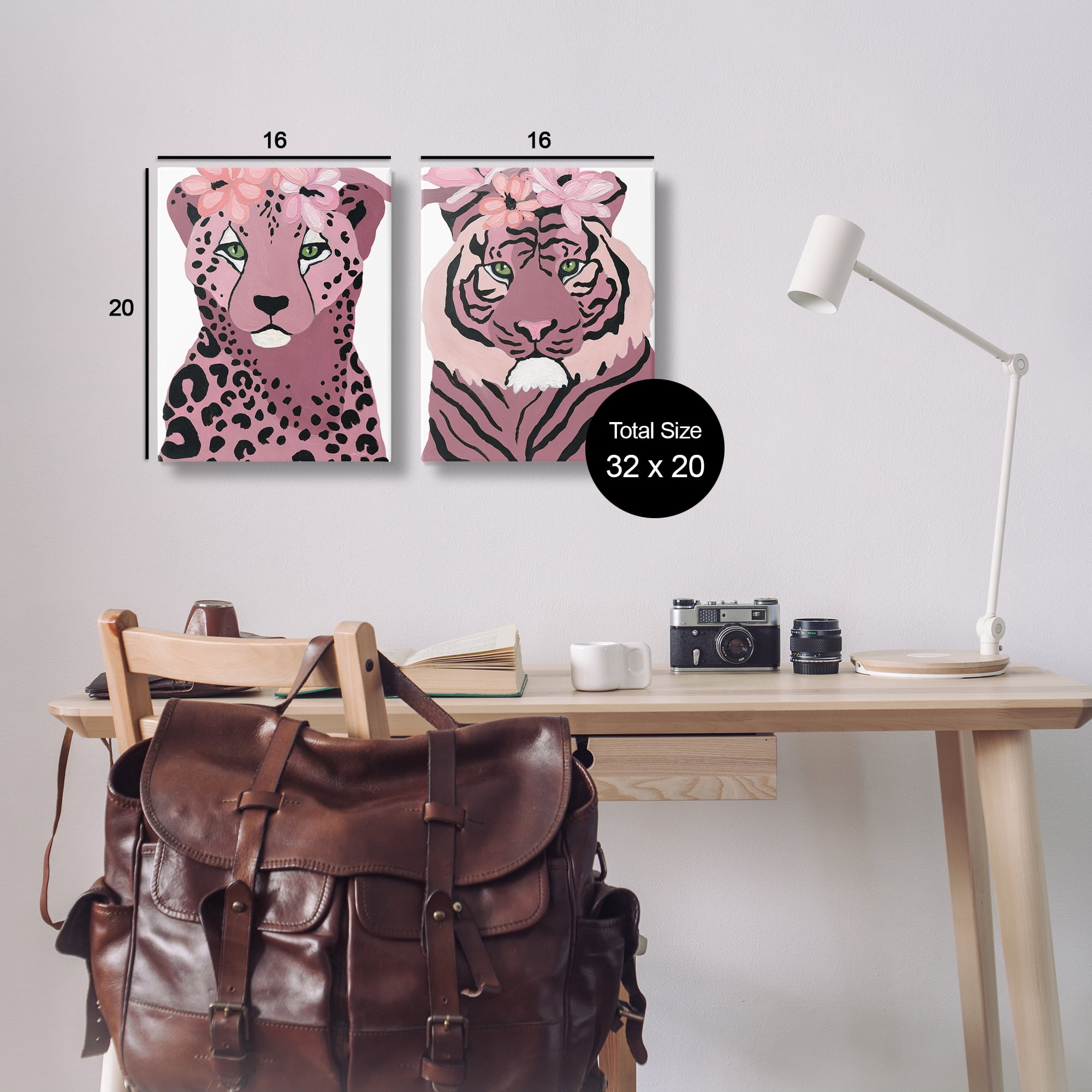 Stupell Industries Floral Cheetah Tiger Animals Painting Wrapped Canvas Art Print Wall Art, 16 x 20, Set of 2