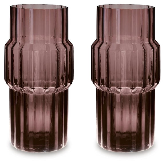 Signature Design by Ashley Dorlow Dark Mauve Glass Decorative Vase Set of 2 - Large 13" Indoor/Outdoor Fluted Statement Pieces