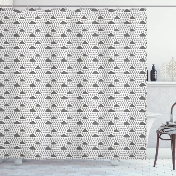 Grey and White Shower Curtain, Raindrops Clouds Sky Nursery Hand Drawn Style Toddler Stormy Weather Graphic, Fabric Bathroom Set with Hooks, 69W X 84L Inches Extra Long, Grey White, by Ambesonne