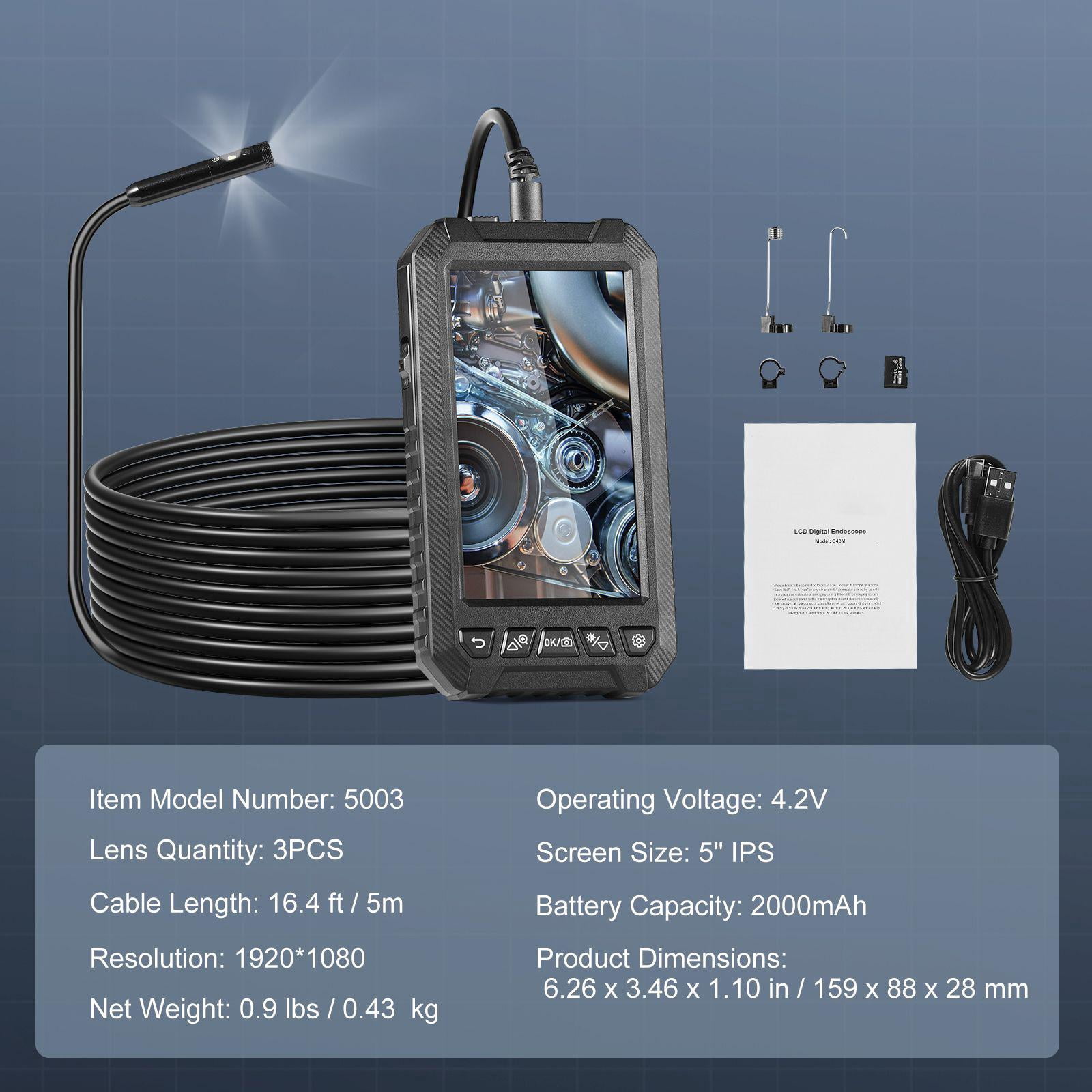 Endoscope Camera with Light Triple Lens Industrial Borescope 5 Inch Screen 1080P Inspection Camera 8 Plus 2 Lights IP67 Waterproof Snake Camera for Automotive Plumbing 16.4FT Cable 32GB Card