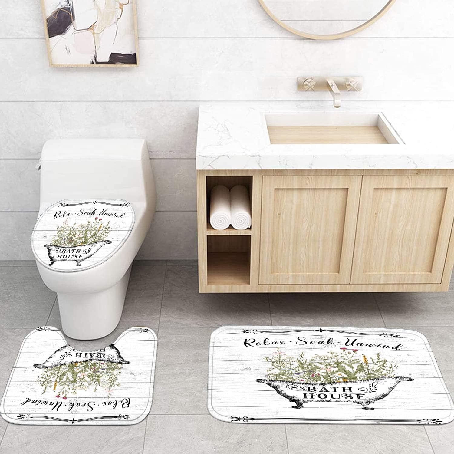 4 Pcs Floral Shower Curtain Flowers Leaves Bathroom Sets with Shower Curtain and Rugs Vintage Farmhouse Bathroom Decor Country Bathtub on Rustic Wood Backdrop Bathroom Rugs Mat Toilet Lid Cover