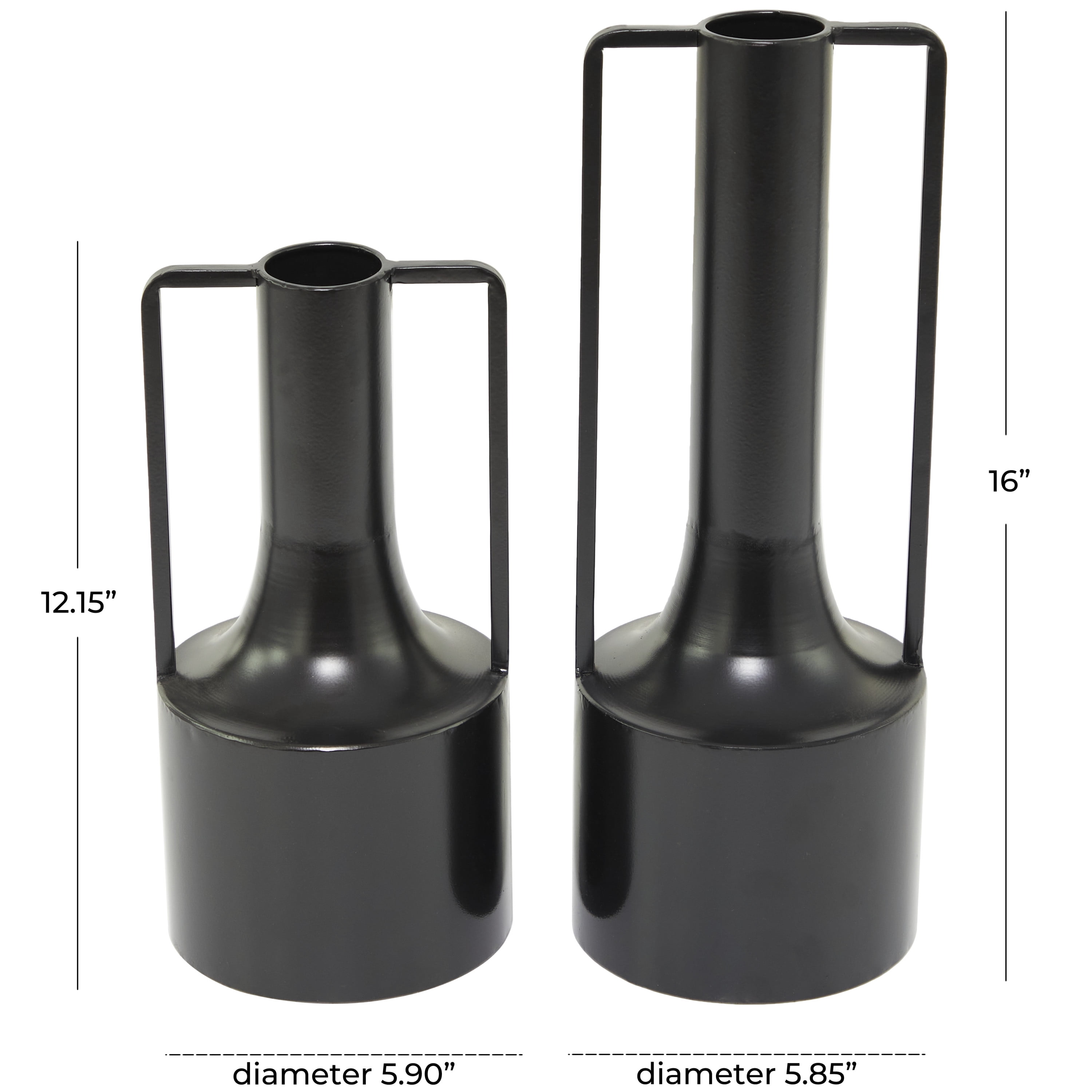 DecMode 16", 12"H Black Metal Vase with Handles, Set of 2