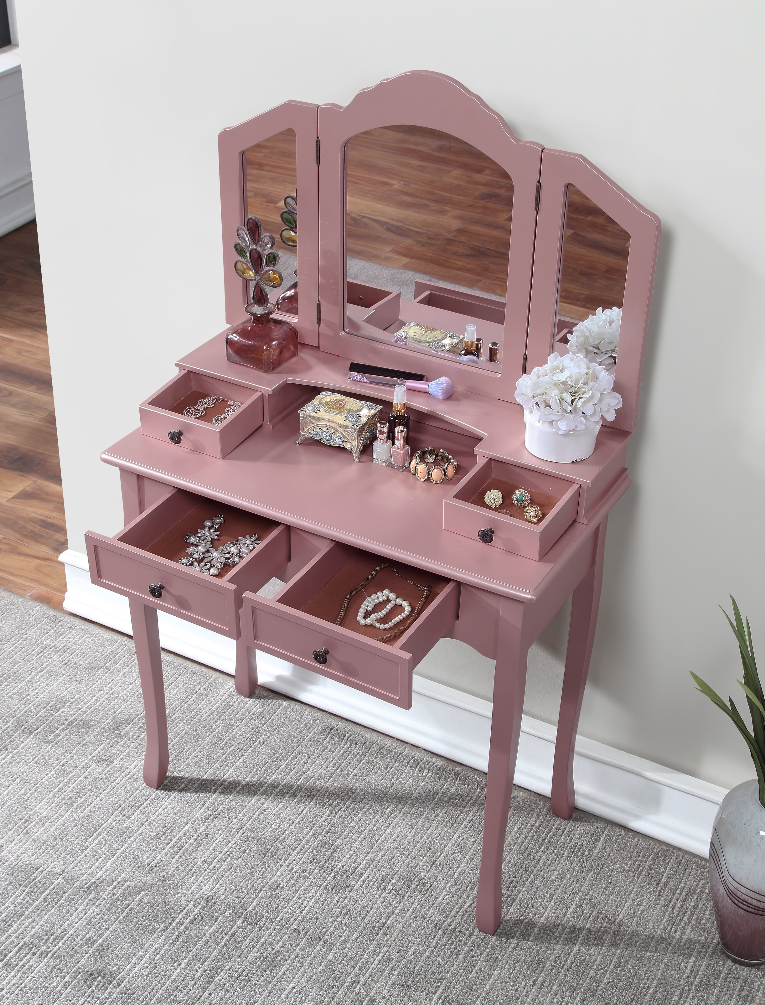Roundhill Furniture Sanlo Contemporary Rose Gold Finish Wooden Vanity, Makeup Table and Stool Set