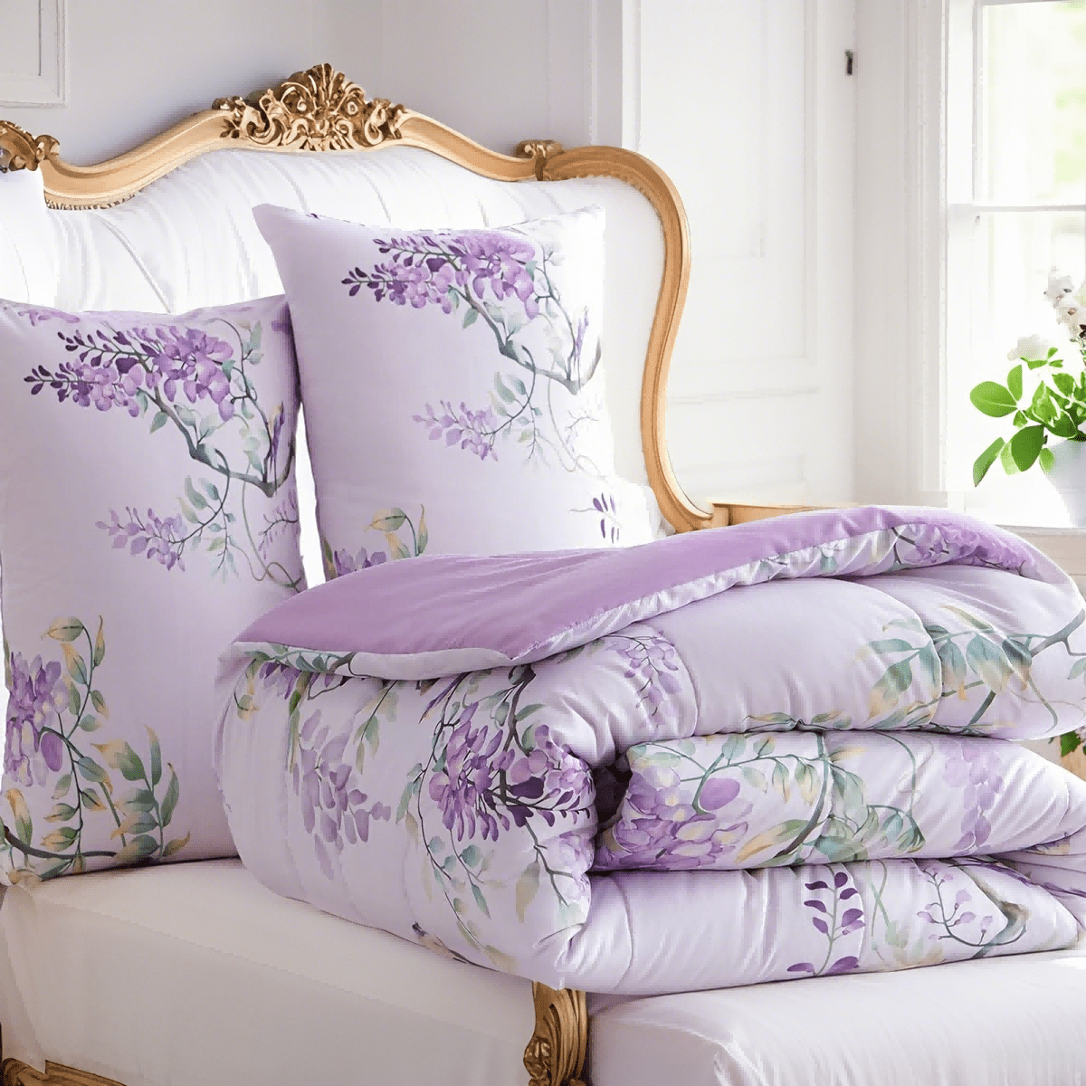 JOLUSERE Romantic Wisteria Comforter King Sets, 3 Pieces Chic Botanical Purple Floral Reversible Comforter for All Season