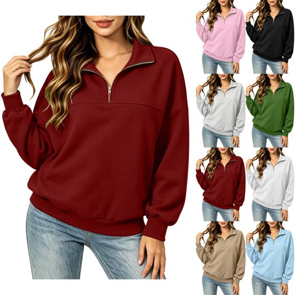 Womens Half Zip Pullover Sweatshirts Loose Solid Color Loose Half-ZipLong-Sleeved Turndowm Collar Tops