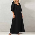 thumbnail image 2 of Rggeeun Women Dresses Solid Color Half Sleeve With Pleated V-Neck Waist Draping Ankle-Length Loose Fit Soft Breathable Lightweight For Summer Pool Party Comfort Wear,Black,M, 2 of 5