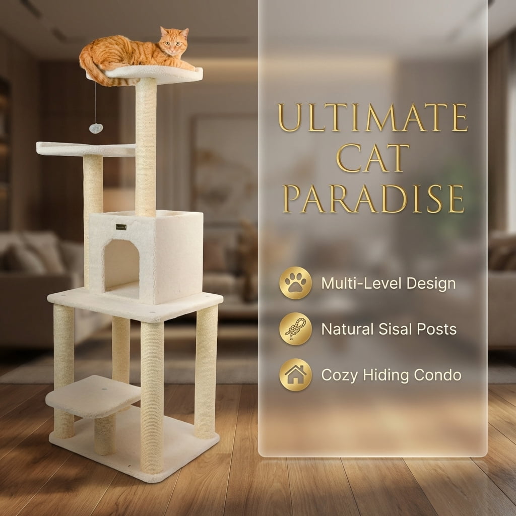 Multi-Level Cat Tree Tower with Sisal Scratching Posts, Cozy Condo, Perches and Hanging Toy, Beige, 62 Inches Height