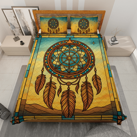 Vintage Dreamcatcher Quilt Bedding Set - Stained Glass Design with Boho Style, Soft and Cozy Bed Set for Bedroom Décor