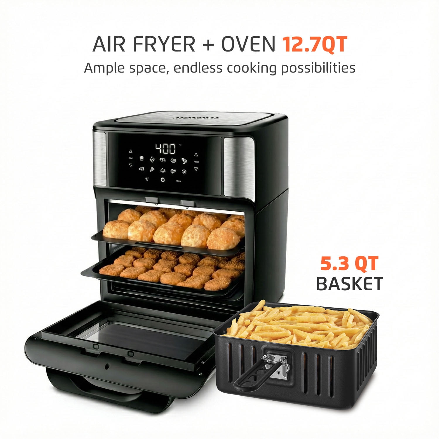 Mondial Air Fryer Oven, Digital Touchscreen, 12.7 Qt, 1800W, Black Stainless Steel