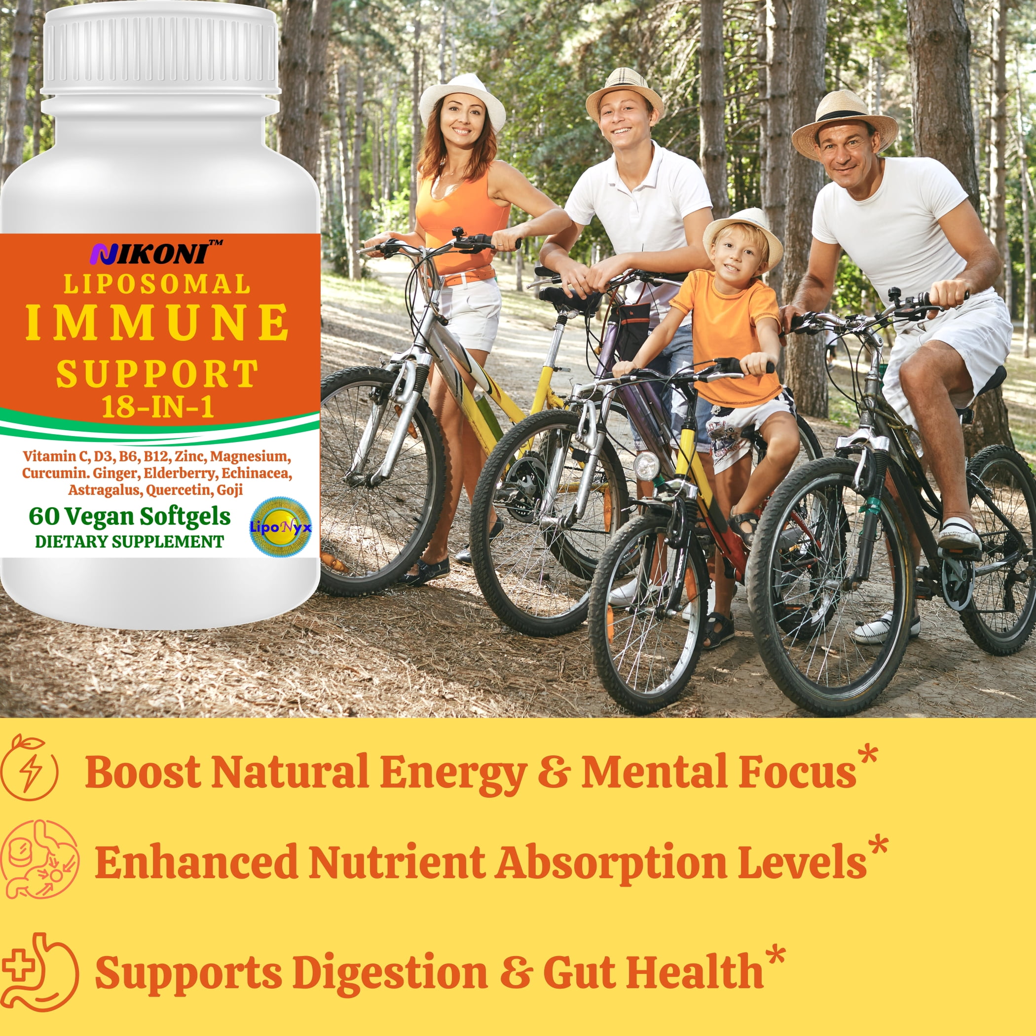 Nikoni Immune Support Dietary Supplement 18-in-1 Liposomal Formula Vegan Softgels 60 Count