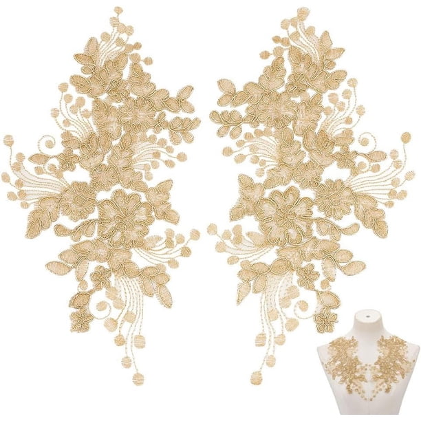 2 pares de parches de encaje bordados con flores, parches florales de poliéster dorados, parches de reparación para planchar, apliques de decoración para manualidades de costura