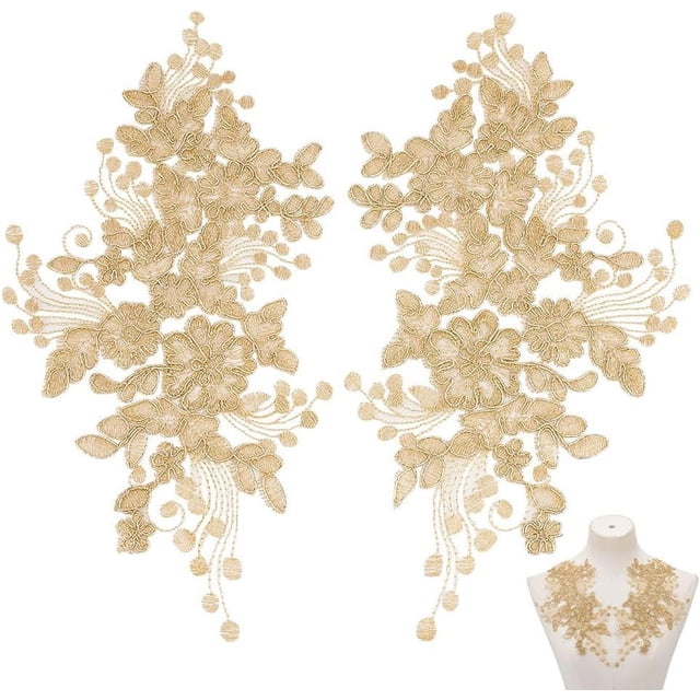 2 pares de parches de encaje bordados con flores, parches florales de poliéster dorados, parches de reparación para planchar, apliques de decoración para manualidades de costura