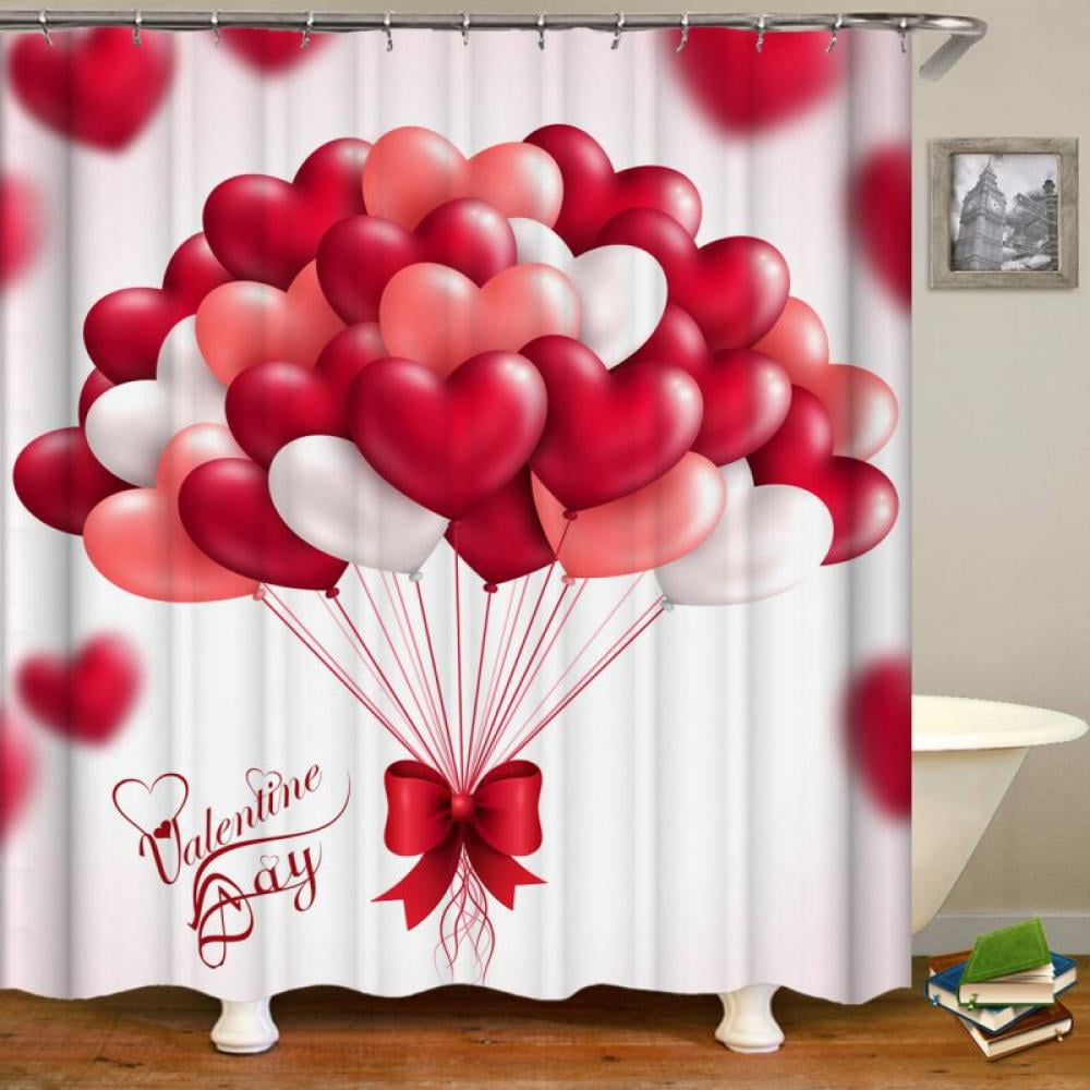 Red Hearts Happy Valentine's Day Shower Curtain Bathroom Polyester Fabric Hooks 