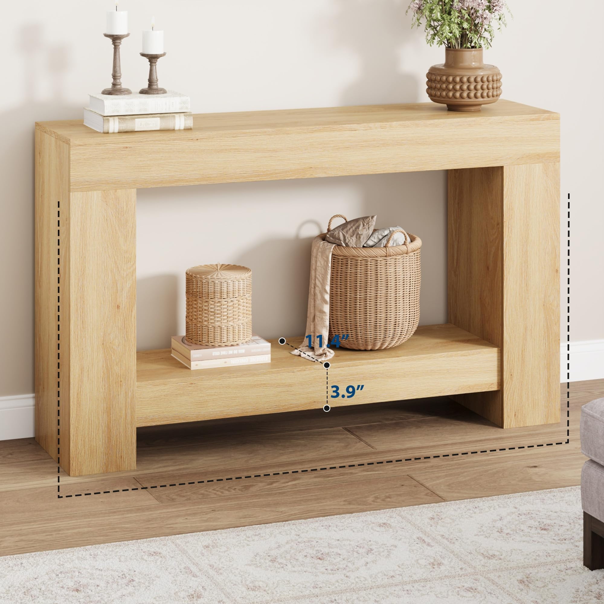 Farmhouse Console Table for Entryway – 2-Tier Wooden Sofa Table with Storage – Long Hallway Table – Durable Dining Room Accent –Wood Color 1.2 Meters