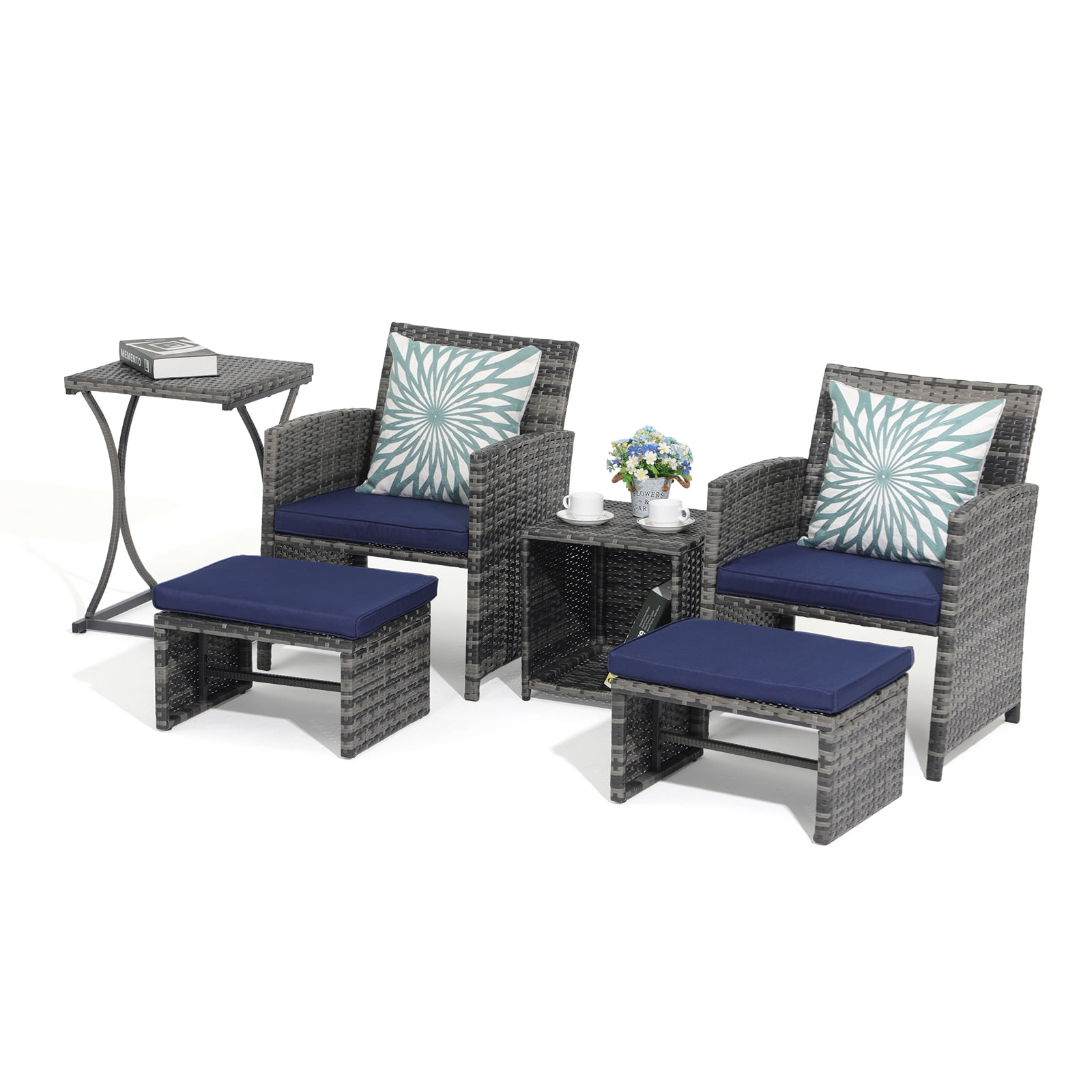 JOIVI 6 Piece Patio Furniture Conversation Set, with Ottoman, Outdoor Grey Wicker Chair and Table Set, Navy Blue