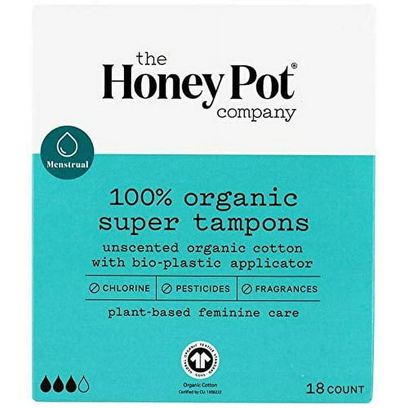 The Honey Pot 100% Organic Super Tampons, Unscented Organic Cotton with bio-Plastic applicator, 18 Ea