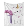 thumbnail image 1 of Unicorn Cat Soft Flannel Fleece Throw Blanket, Fictitious Horned Character Face Expression Girls Kids, Cozy Plush for Indoor and Outdoor Use, 50" x 70", Pale Pink Orange Lilac, by Ambesonne, 1 of 6
