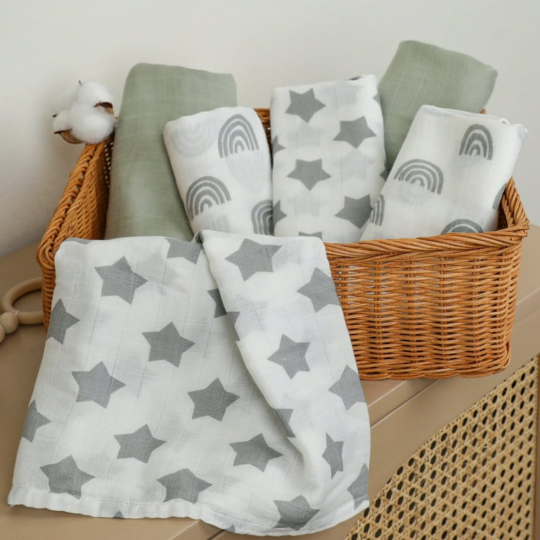 Gllquen Baby Muslin Organic Cotton Swaddle Blankets 6 Pack for Newborn Infant Boys Girls 27 x 27 inch Grey Star Size Medium Gray