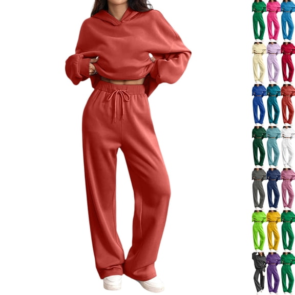 Women's 2 Piece Fall Active Sets Baggy Fit Hooded Sweat Top Front Pocket Wide Leg Jogger Pants Athletic Daily Outfits Saffron S