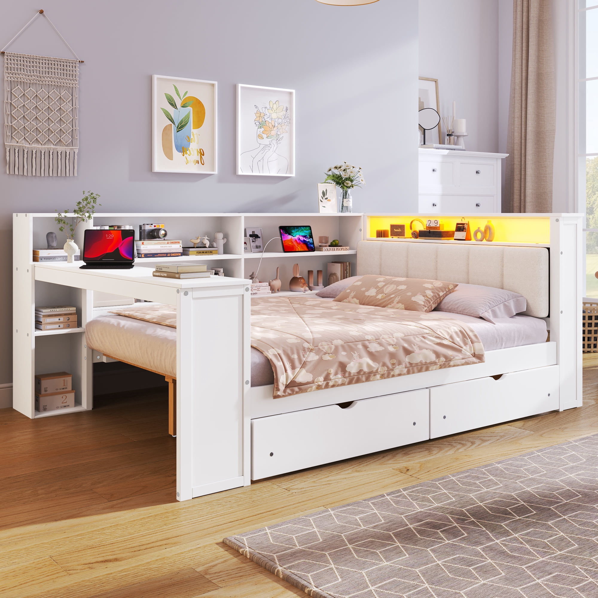 Euroco Wood Full Size Daybed with Desk and Shelves, Captain Bed with Upholstered Headboard, LED Light and USB Charging, White