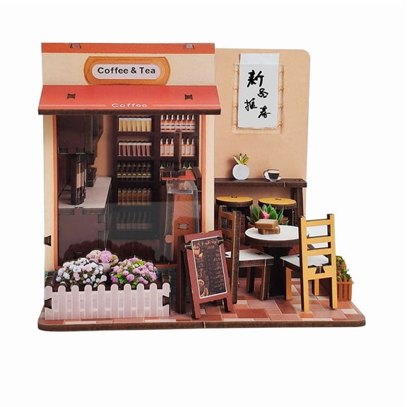 3d wooden puzzle for adults Corner Coffee Shop book nook with lights model kit dollhouse DIY miniature house Birthday and Christmas gifts