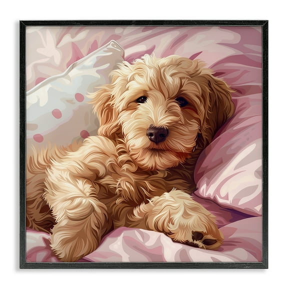 Stupell Industries Sleepy Labradoodle in Bed Animals Painting Black Framed Art Print Wall Art, 12 x 12