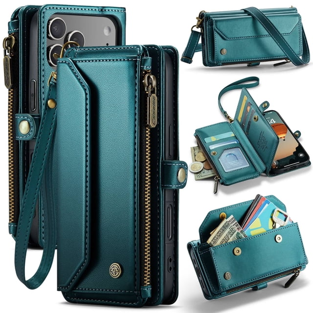 Bandolera para iPhone 17 Pro Funda Billetera【Bloqueo RFID】con Ranura para Billetes con Cremallera y 7 Tarjeteros, Correa Magnética de Cuero PU Suave para Hombro y Muñeca