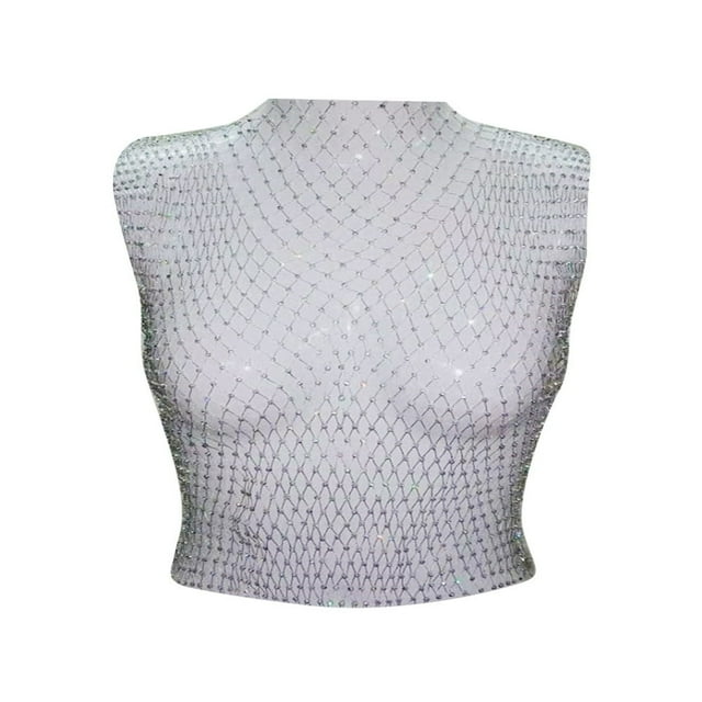 Haut Court en Maille Transparente avec Strass Brillant pour Femmes, Débardeur en Résille Transparent