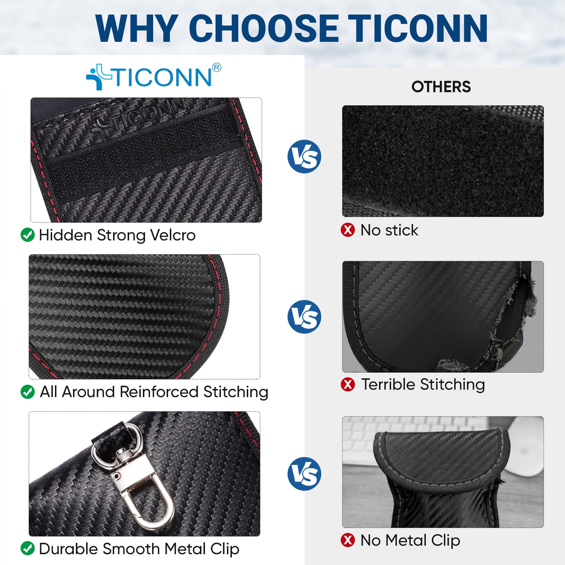 TICONN Carbon Fiber RFID Signal Blocking Faraday Bags for Car Keys (2 pack)