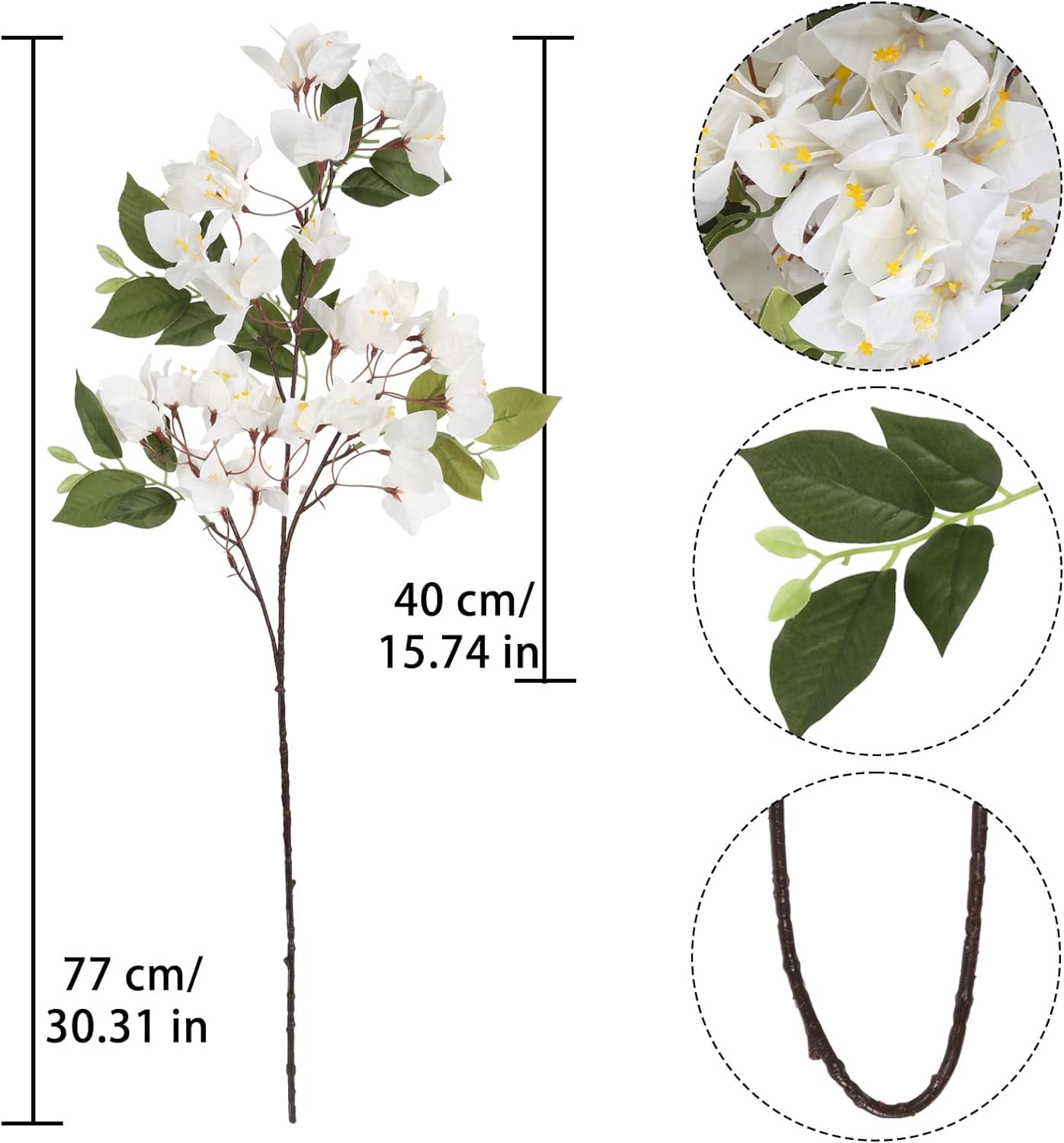 White Bougainvillea Artificial Flowers 3.3Silk Bougainvillea Artificial Long Stem Flowers Silk Flowers Faux Bougainvillea for Wedding Centerpieces Home Garden DIY Decor(White)