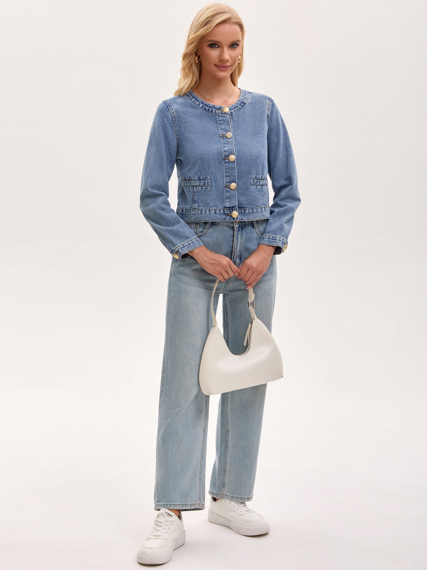 DARING DIVA Women's Collarless Long Sleeve Button Down Jean Jacket M Sky Blue